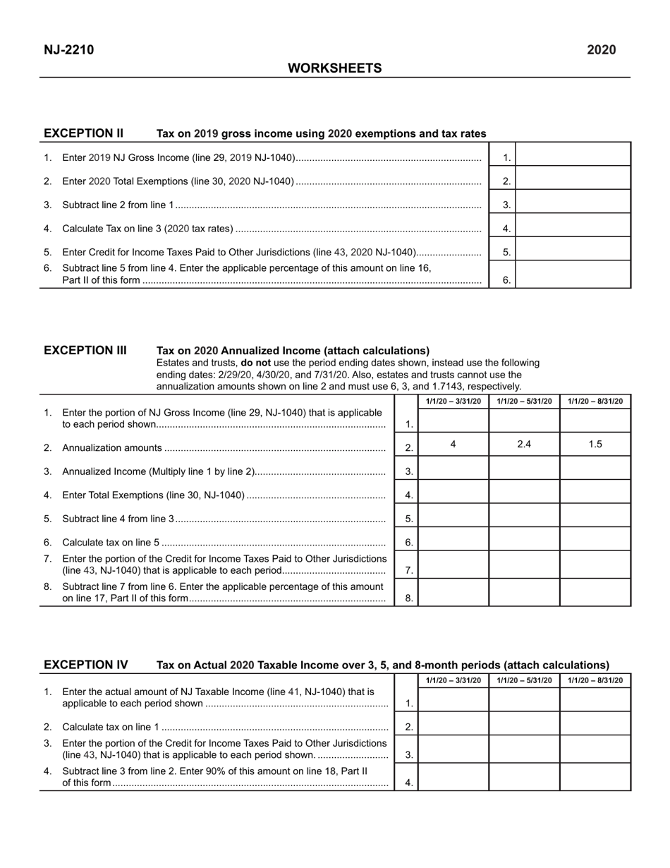 Form NJ-2210 Underpayment of Estimated Tax by Individuals, Estates, or Trusts - New Jersey, Page 2