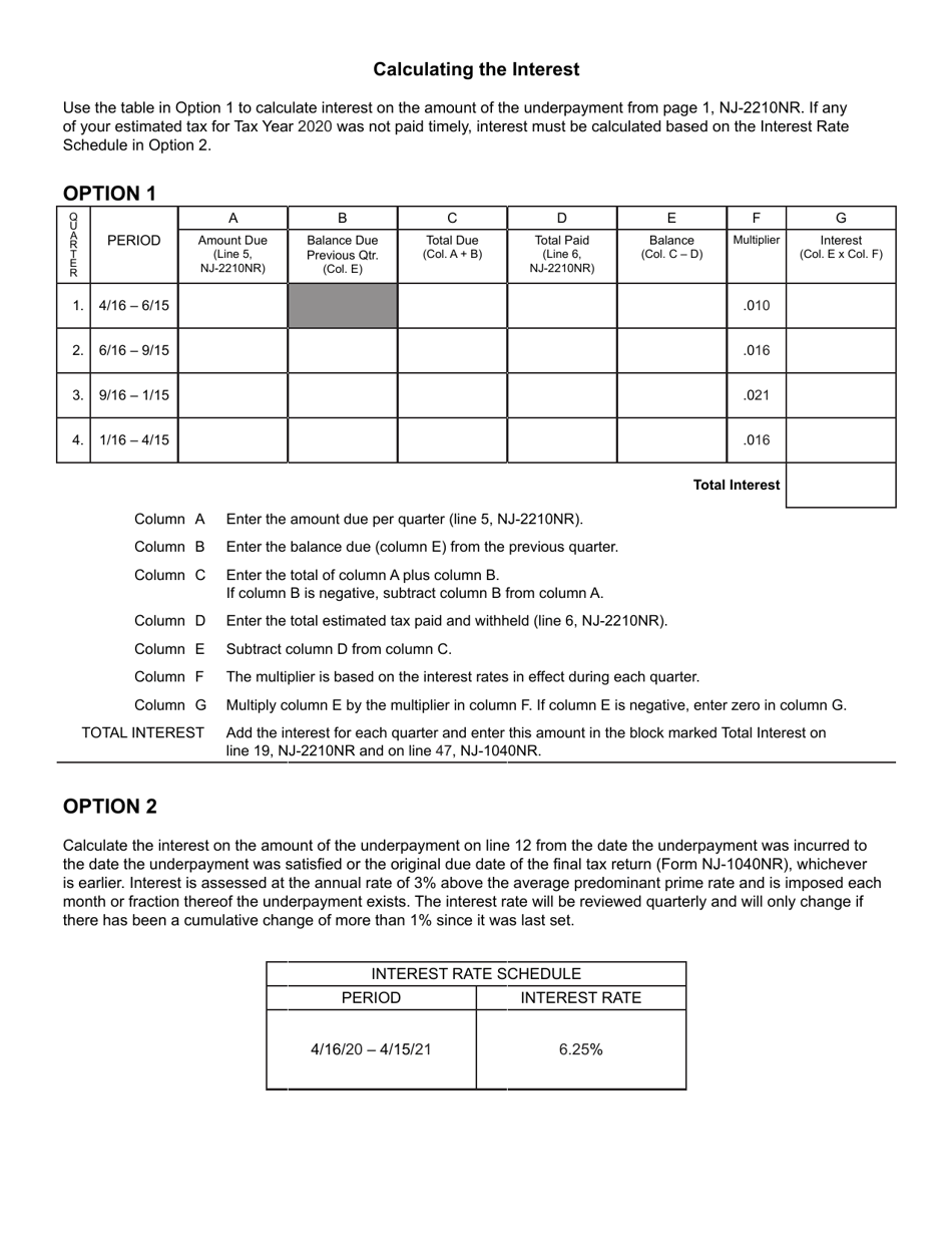 Form NJ-2210NR Underpayment of Estimated Tax by Nonresident Individuals - New Jersey, Page 4