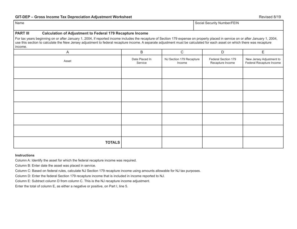 Form GIT-DEP Gross Income Tax Depreciation Adjustment Worksheet - New Jersey, Page 4