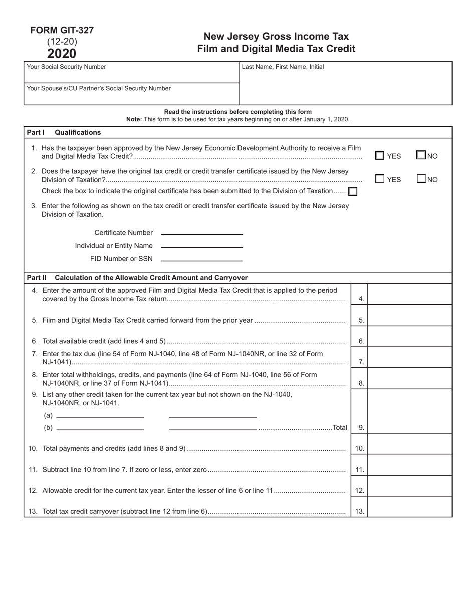 Form GIT-327 New Jersey Gross Income Tax Film and Digital Media Tax Credit - New Jersey, Page 1