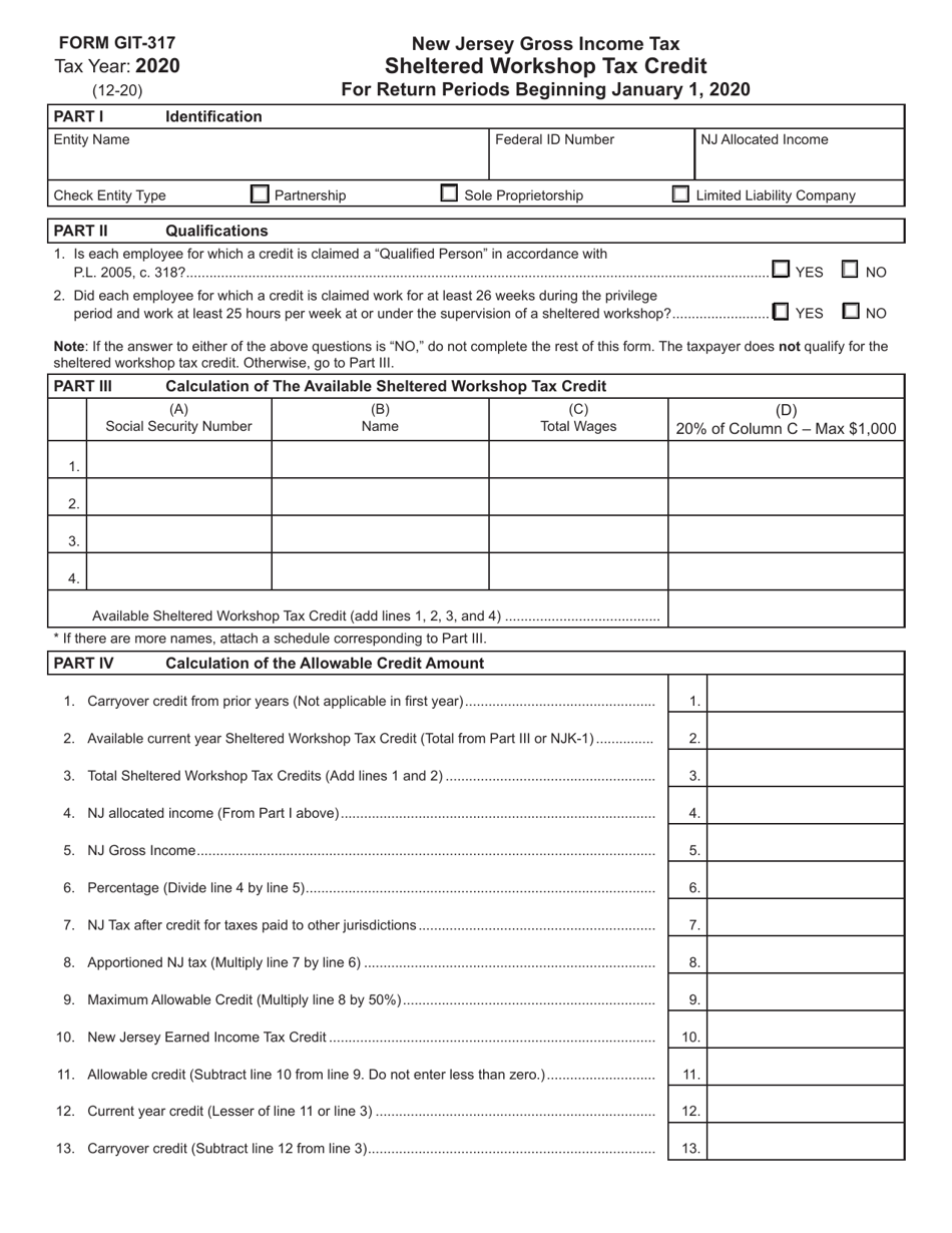 Form GIT-317 Sheltered Workshop Tax Credit - New Jersey, Page 1
