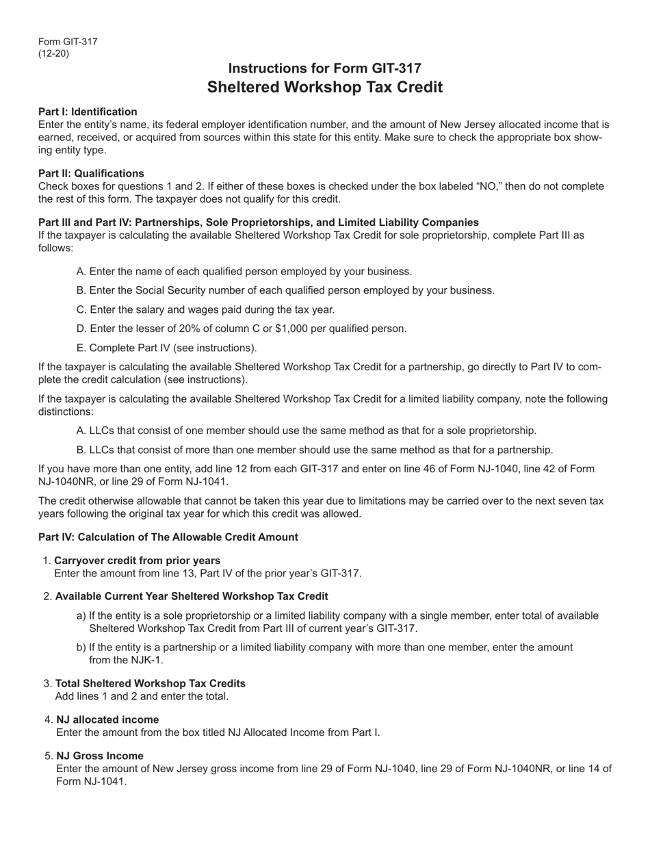 Form GIT-317 Sheltered Workshop Tax Credit - New Jersey, Page 3