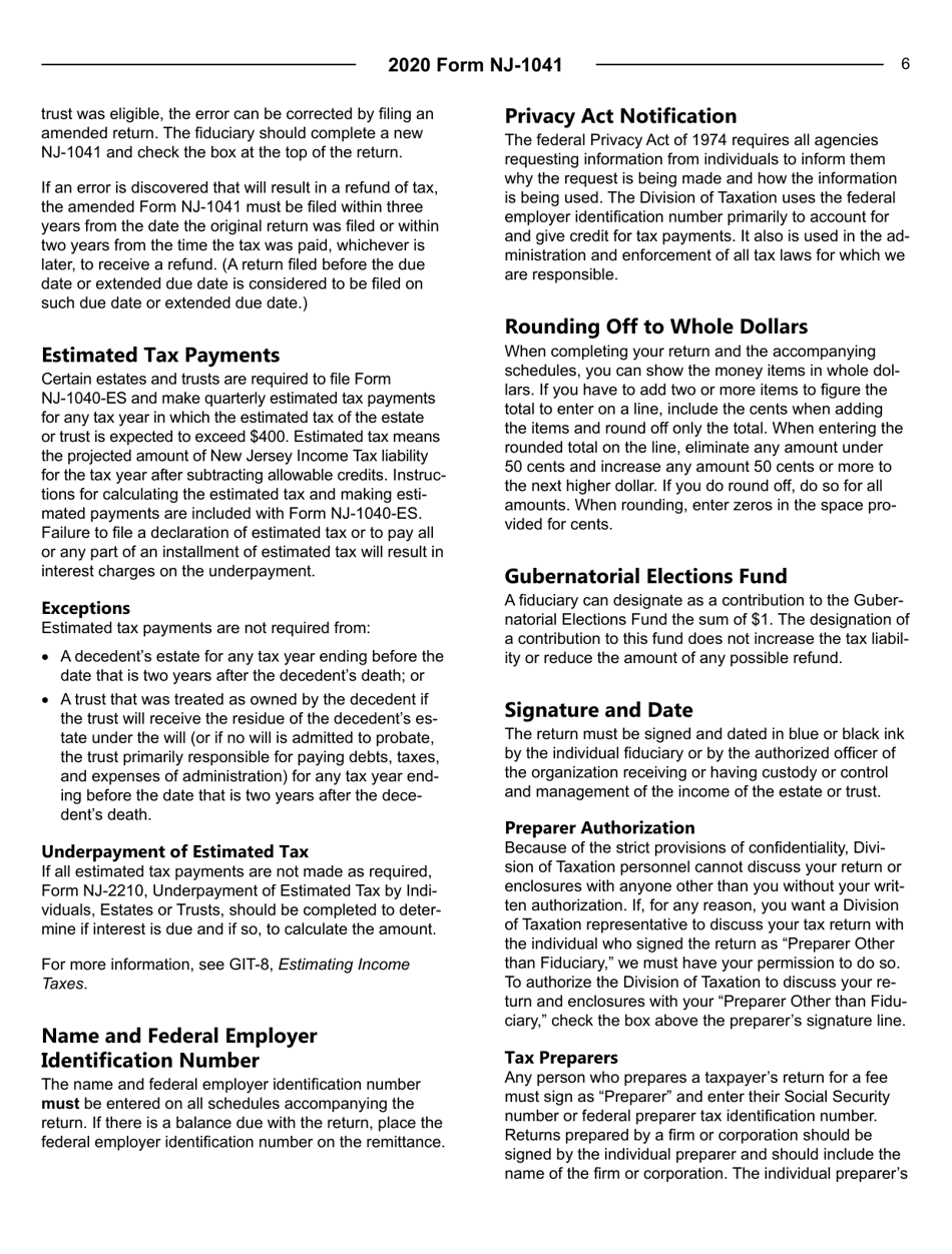 Instructions for Form NJ-1041 New Jersey Income Tax Fiduciary Return - New Jersey, Page 6