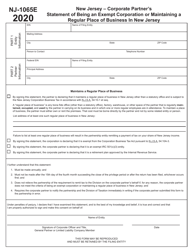 Document preview: Form NJ-1065E Corporate Partner's Statement of Being an Exempt Corporation or Maintaining a Regular Place of Business in New Jersey - New Jersey
