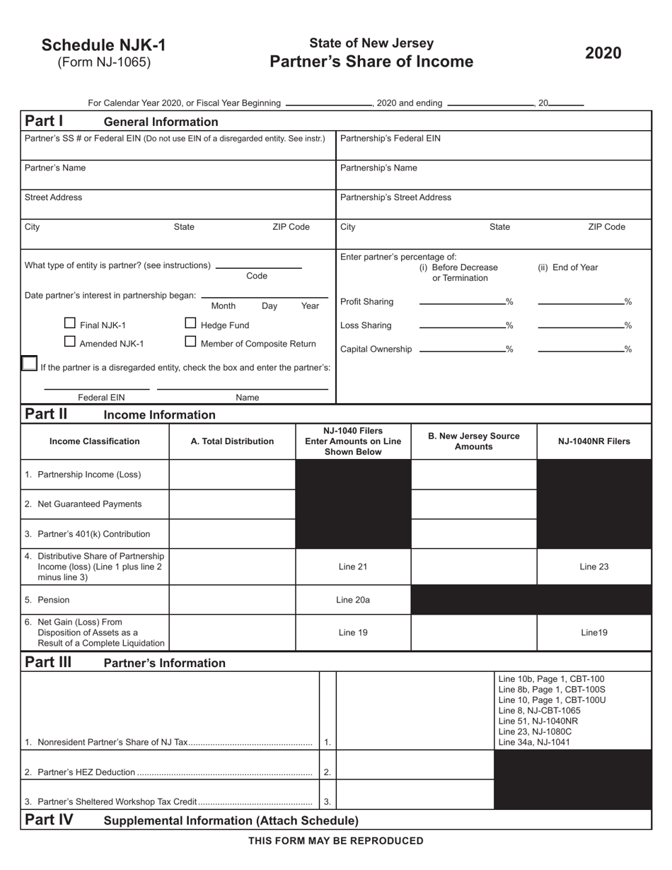 Form NJ-1065 Schedule NJK-1 Partners Share of Income - New Jersey, Page 1