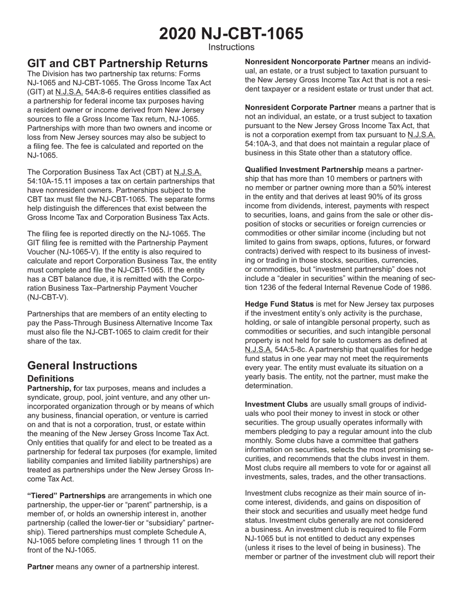 Instructions for Form NJ-CBT-1065 New Jersey Partnership Return - Corporation Business Tax - New Jersey, Page 1