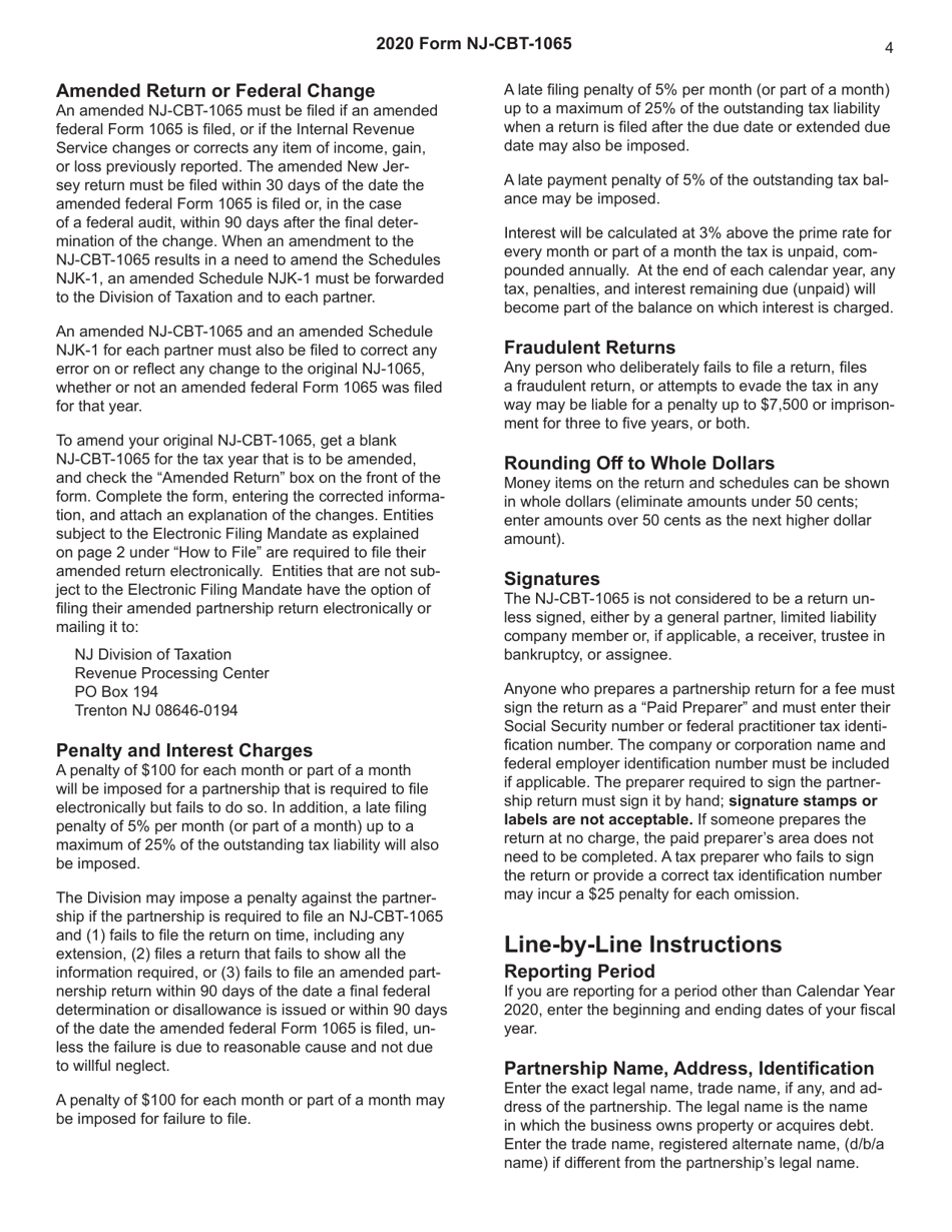 Instructions for Form NJ-CBT-1065 New Jersey Partnership Return - Corporation Business Tax - New Jersey, Page 4