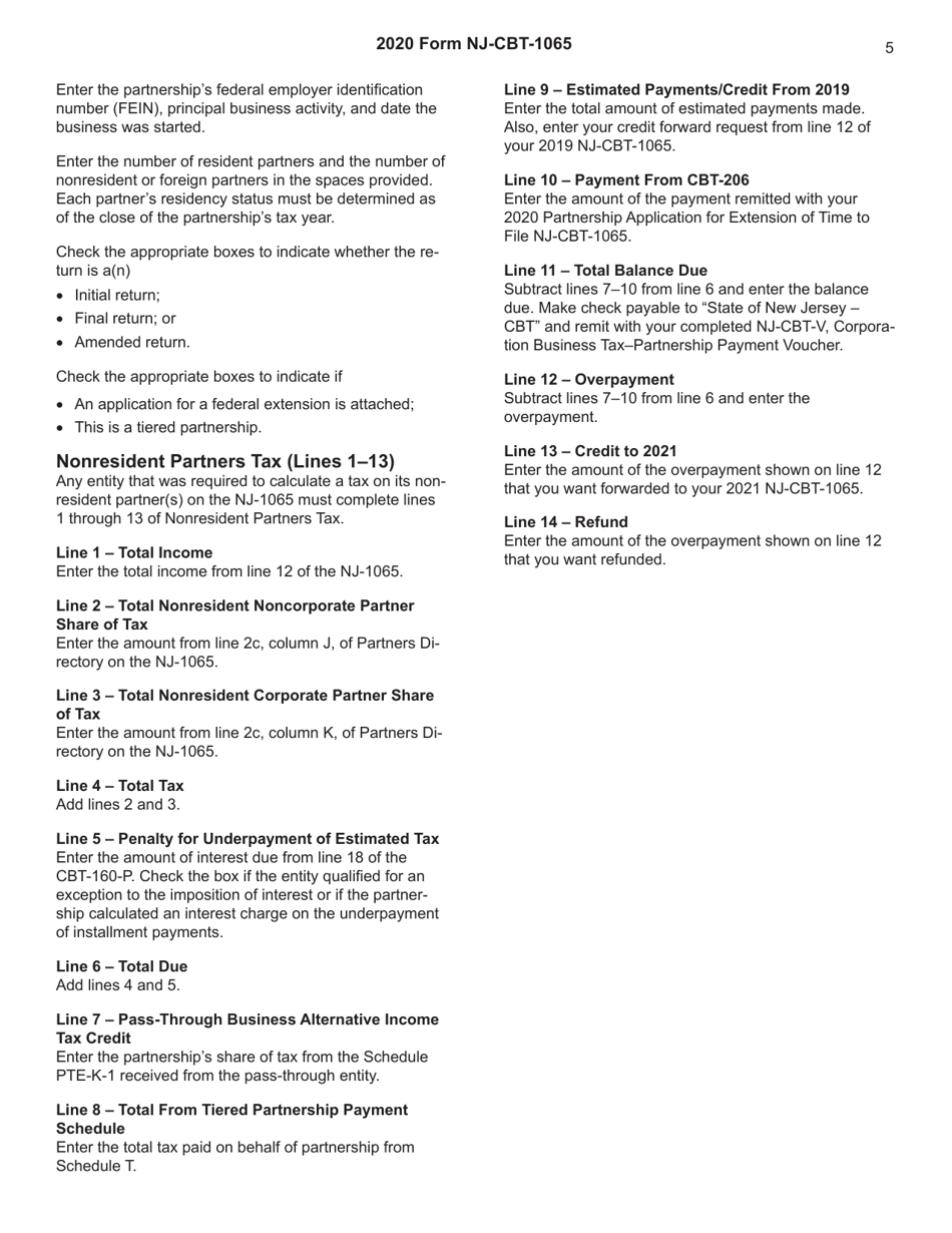 Instructions for Form NJ-CBT-1065 New Jersey Partnership Return - Corporation Business Tax - New Jersey, Page 5