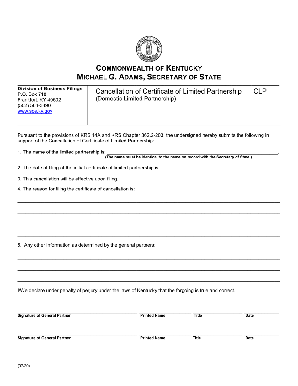 Form CLP Cancellation of Certificate of Limited Partnership (Domestic Limited Partnership) - Kentucky, Page 1