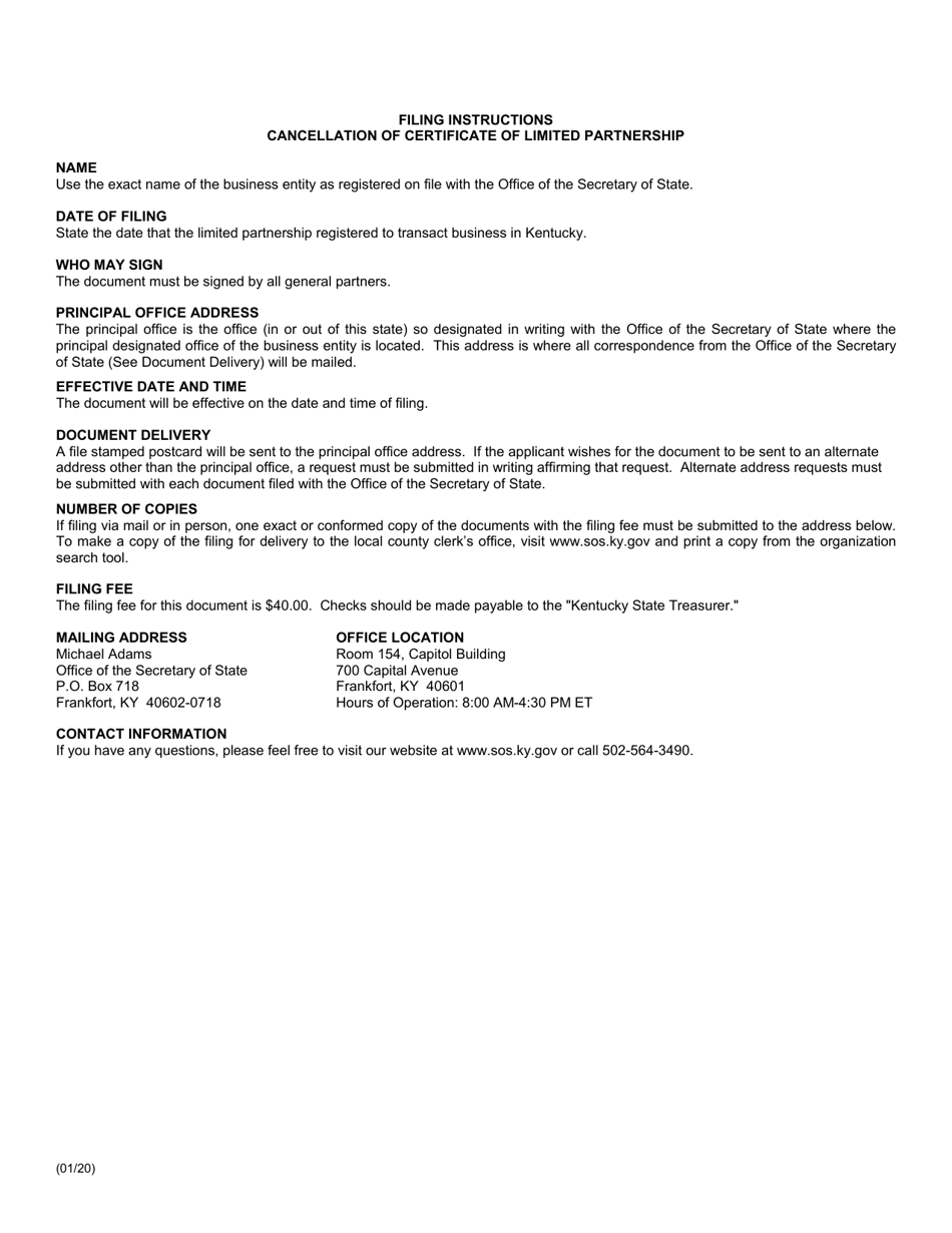 Form CLP Cancellation of Certificate of Limited Partnership (Domestic Limited Partnership) - Kentucky, Page 2