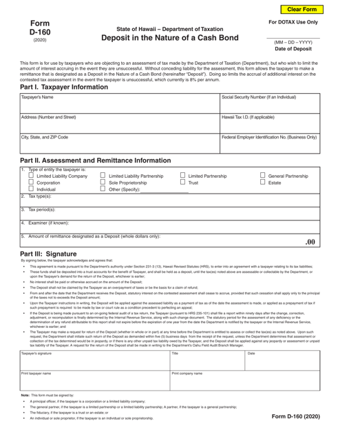 Form D-160 Deposit in the Nature of a Cash Bond - Hawaii