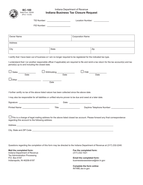 Form BC-100 (State Form 52038)  Printable Pdf