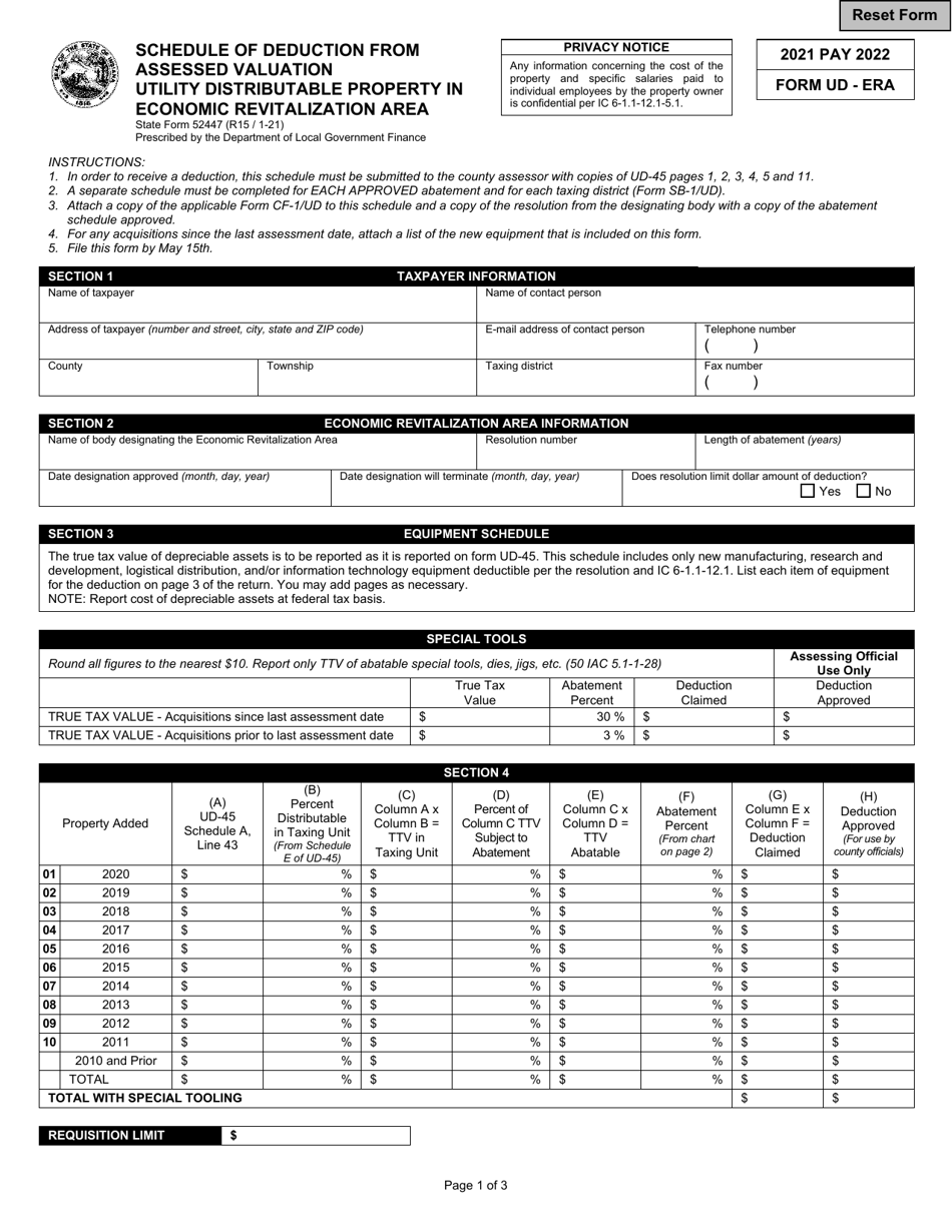 Form UD-ERA (State Form 52447) Schedule of Deduction From Assessed Valuation Utility Distributable Property in Economic Revitalization Area - Indiana, Page 1