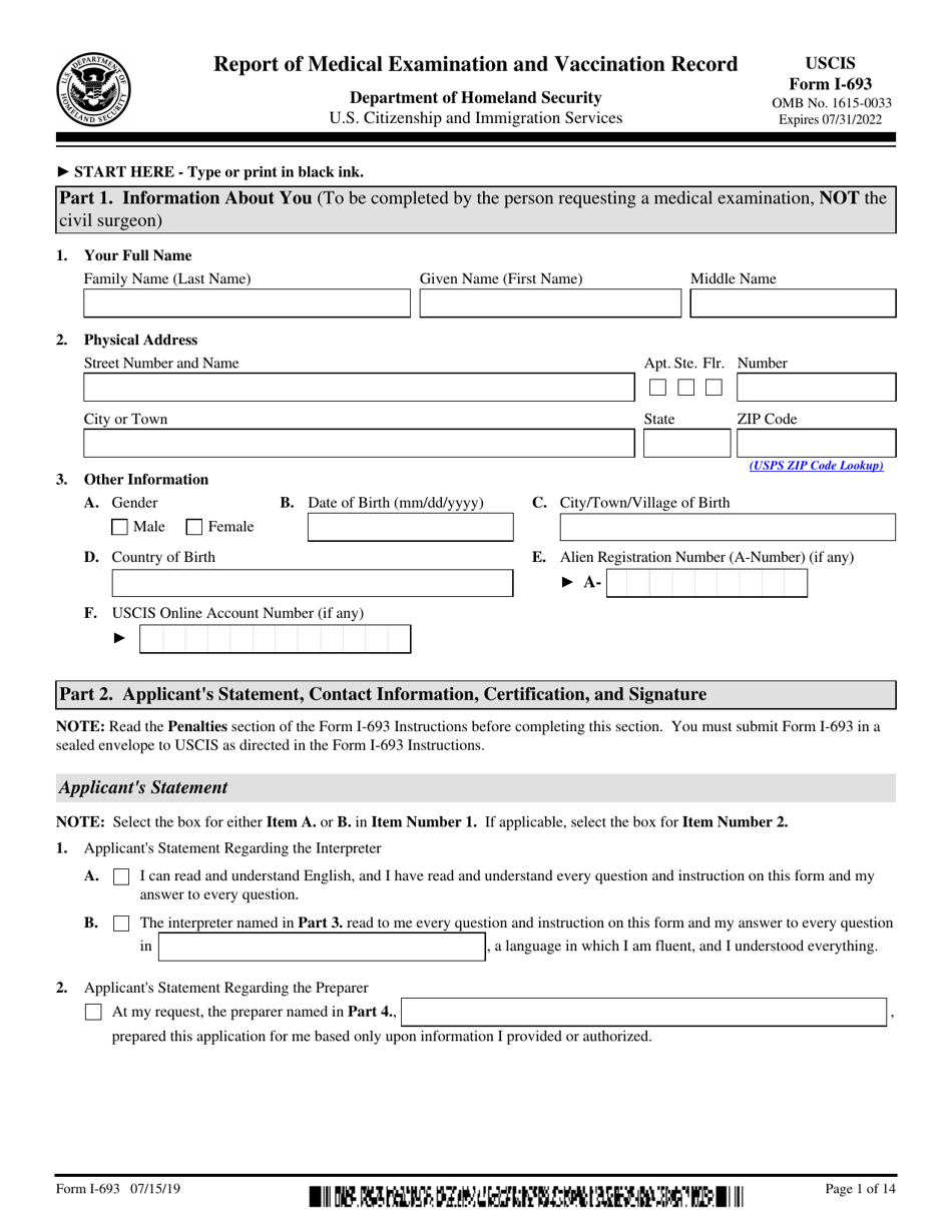 USCIS Form I 693 Download Fillable PDF Or Fill Online Report Of Medical 