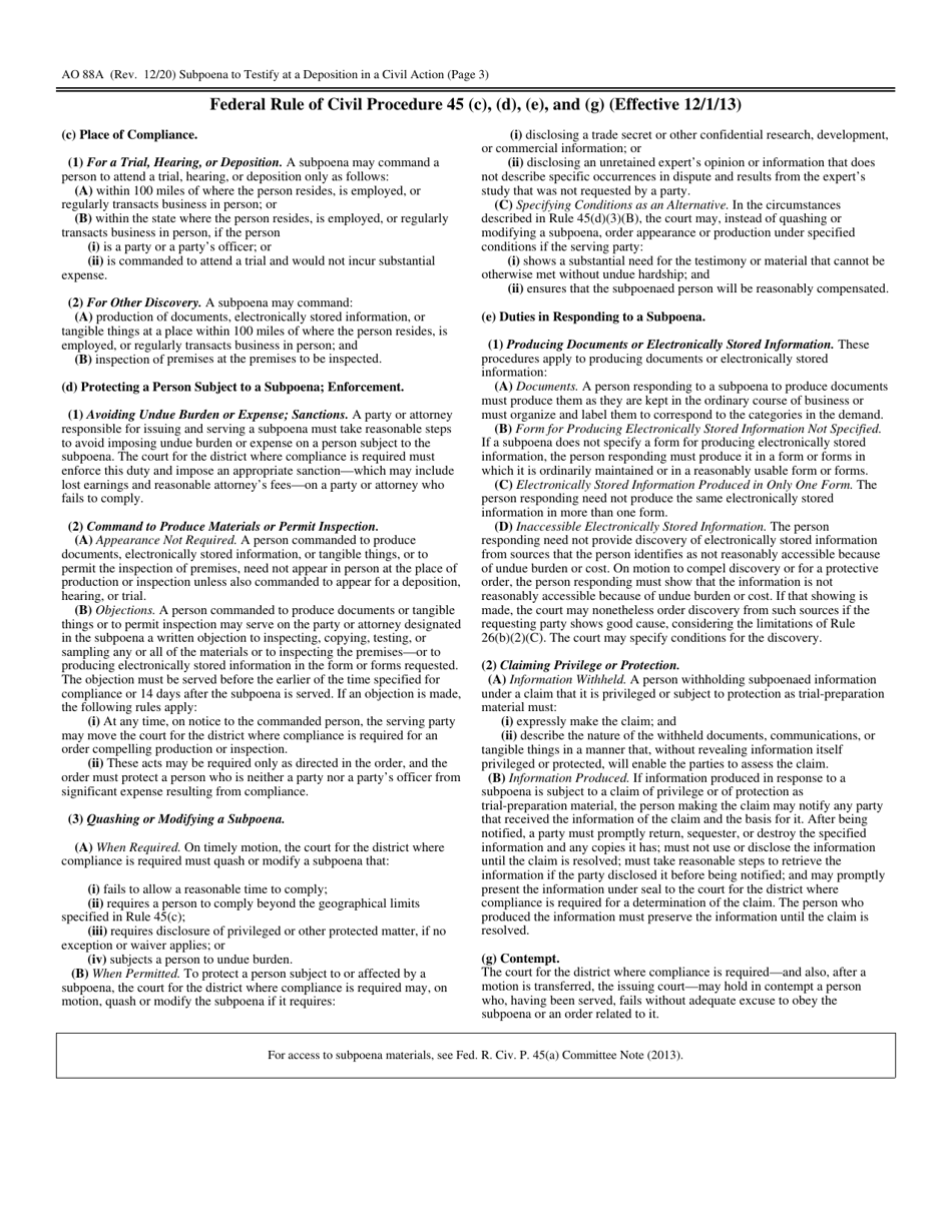 Form AO88A Subpoena to Testify at a Deposition in a Civil Action, Page 3