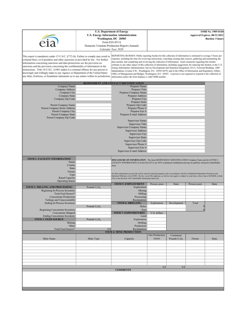 Form EIA-851A 2020 Printable Pdf