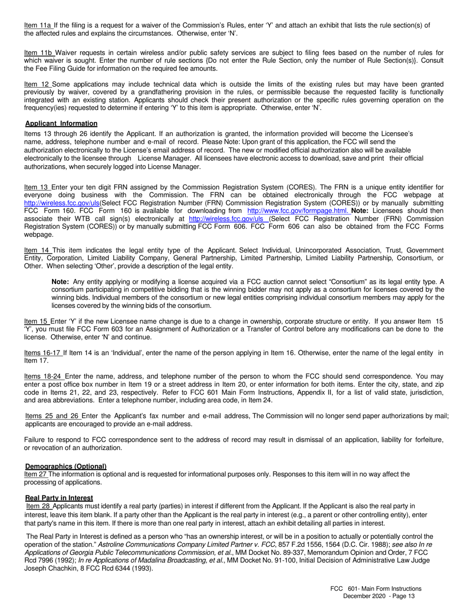 Instructions for FCC Form 601 Application for Wireless Telecommunications Bureau Radio Service Authorization, Page 13