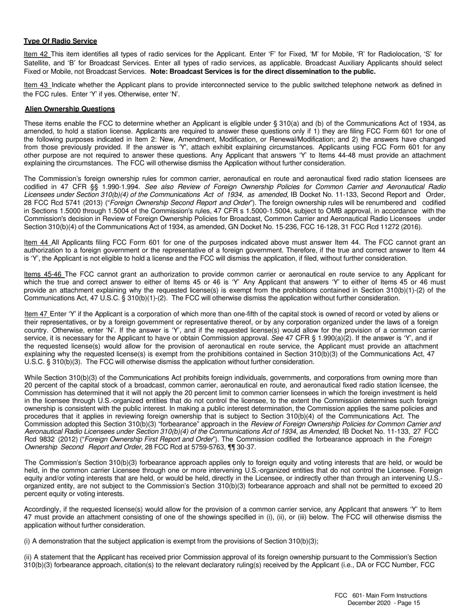 Instructions for FCC Form 601 Application for Wireless Telecommunications Bureau Radio Service Authorization, Page 15