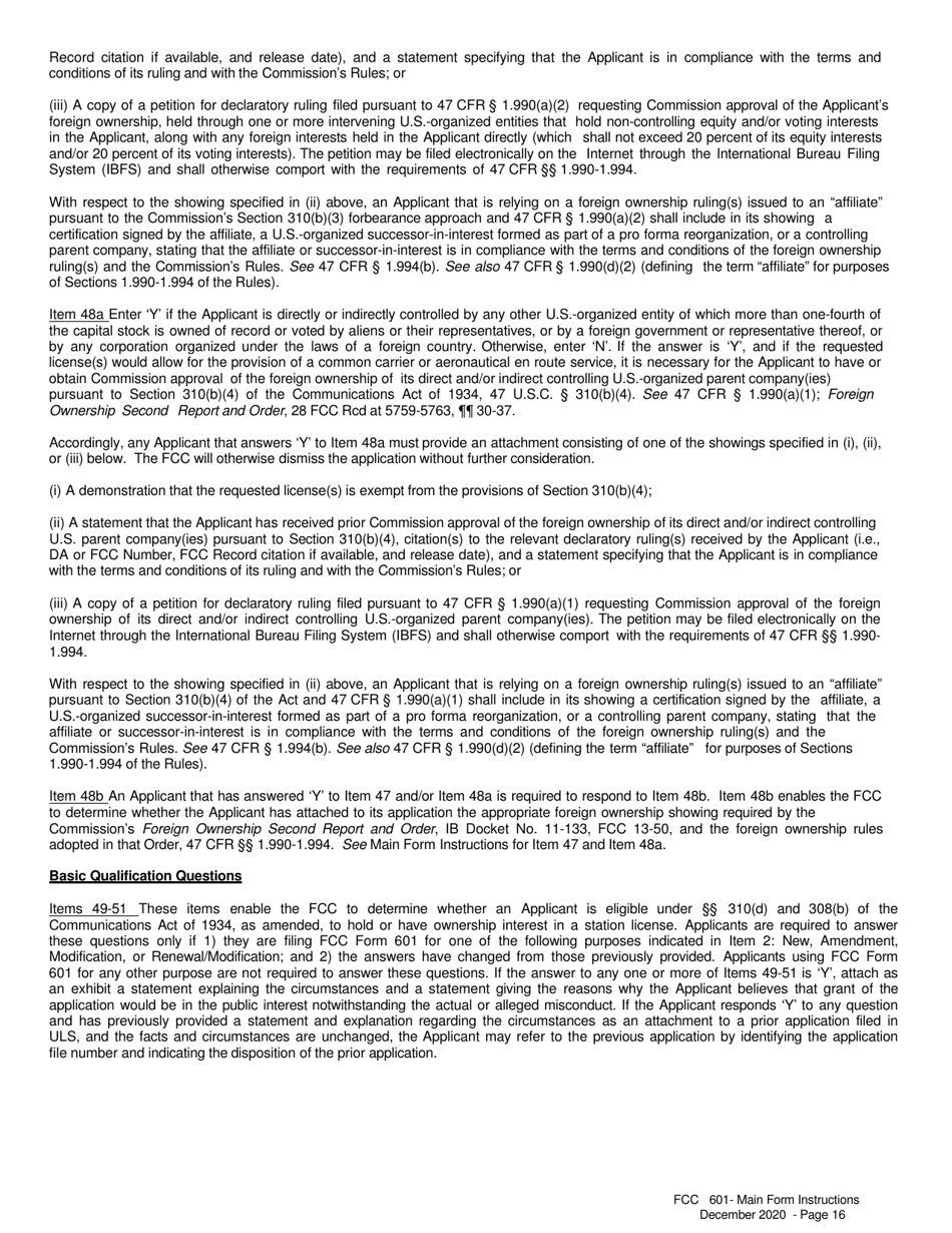 Instructions for FCC Form 601 Application for Wireless Telecommunications Bureau Radio Service Authorization, Page 16