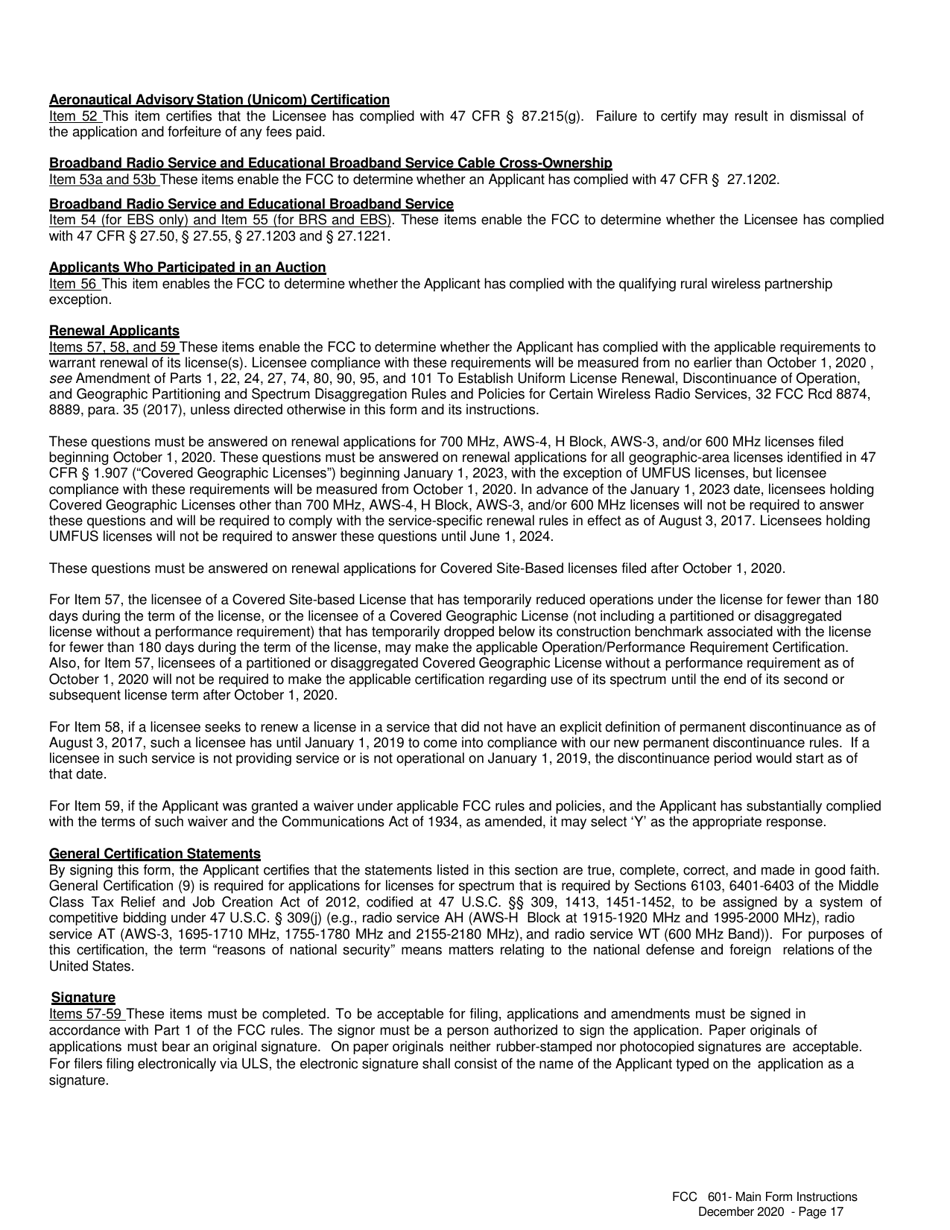 Instructions for FCC Form 601 Application for Wireless Telecommunications Bureau Radio Service Authorization, Page 17