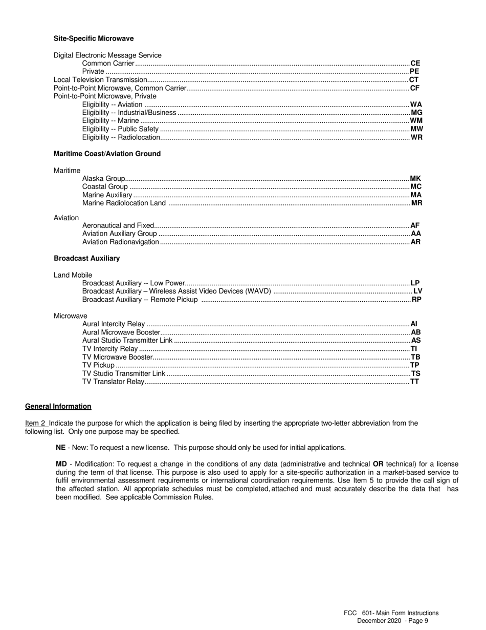 Instructions for FCC Form 601 Application for Wireless Telecommunications Bureau Radio Service Authorization, Page 9