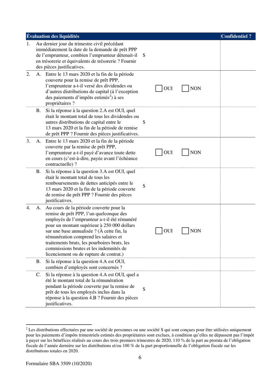 SBA Form 3509 Paycheck Protection Program Loan Necessity Questionnaire (For-Profit Borrowers) (French), Page 6