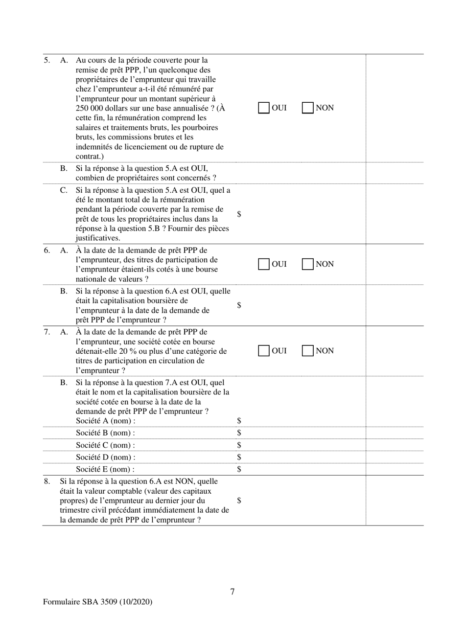 SBA Form 3509 Paycheck Protection Program Loan Necessity Questionnaire (For-Profit Borrowers) (French), Page 7