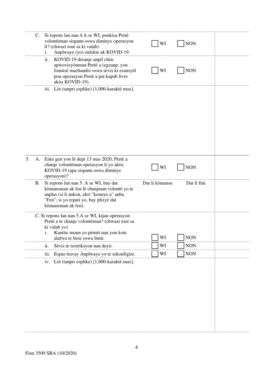 SBA Form 3509 Paycheck Protection Program Loan Necessity Questionnaire (For-Profit Borrowers) (Haitian Creole), Page 4