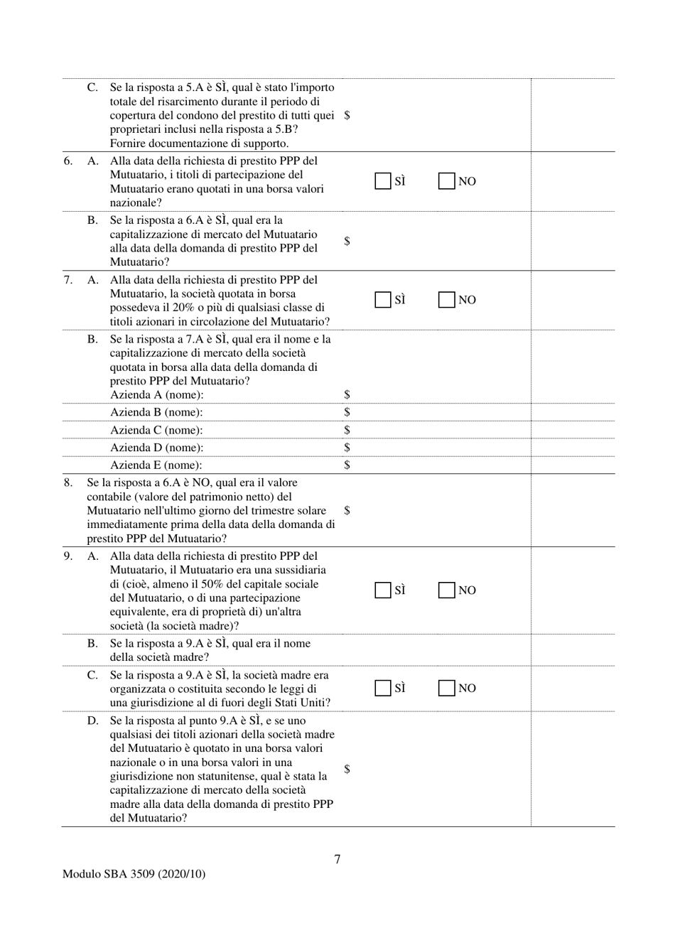 SBA Form 3509 Paycheck Protection Program Loan Necessity Questionnaire (For-Profit Borrowers) (Italian), Page 7