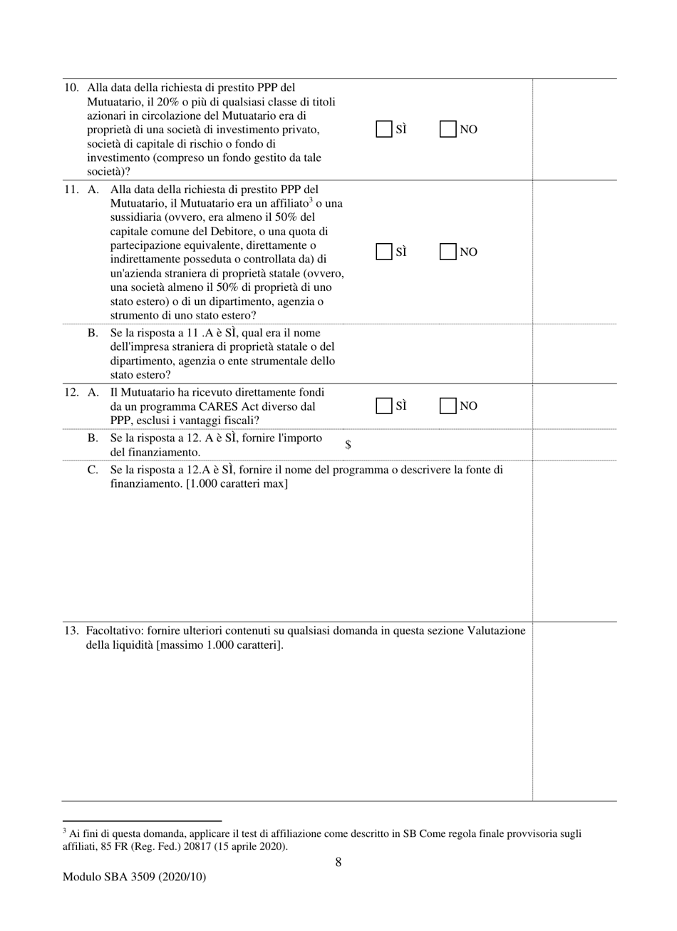 SBA Form 3509 Paycheck Protection Program Loan Necessity Questionnaire (For-Profit Borrowers) (Italian), Page 8