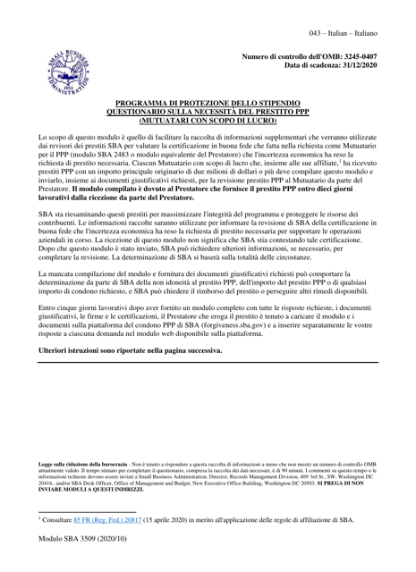 SBA Form 3509 Paycheck Protection Program Loan Necessity Questionnaire (For-Profit Borrowers) (Italian)