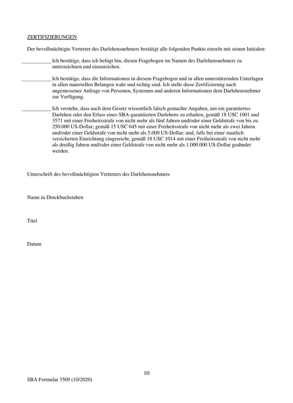 SBA Form 3509 Paycheck Protection Program Loan Necessity Questionnaire (For-Profit Borrowers) (German), Page 10
