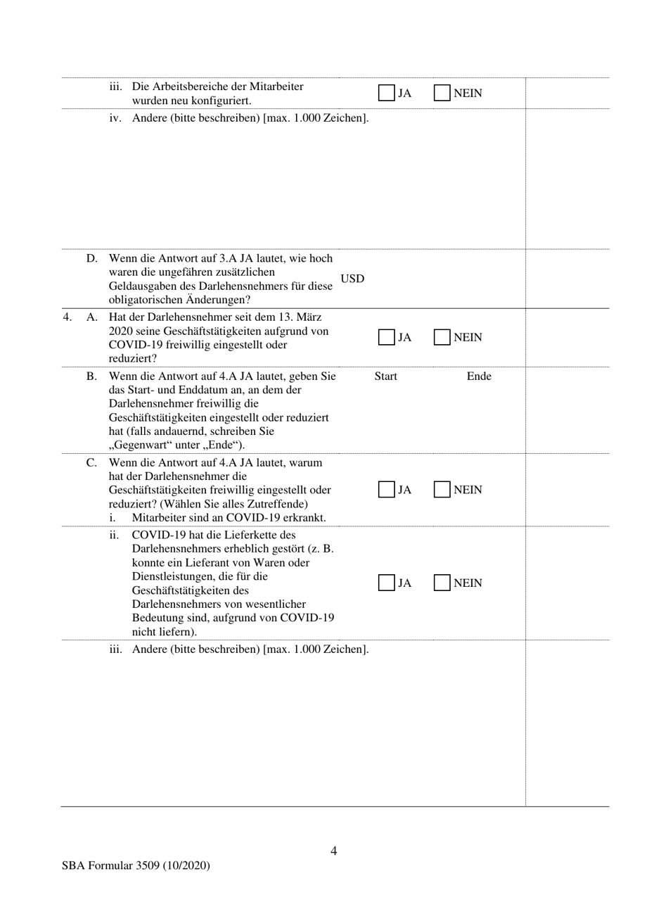 SBA Form 3509 Paycheck Protection Program Loan Necessity Questionnaire (For-Profit Borrowers) (German), Page 4