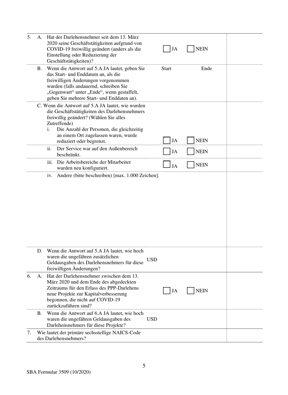 SBA Form 3509 Paycheck Protection Program Loan Necessity Questionnaire (For-Profit Borrowers) (German), Page 5