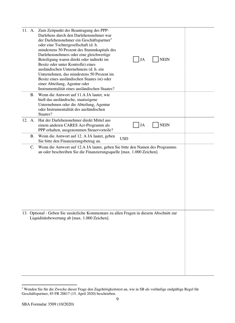 SBA Form 3509 Paycheck Protection Program Loan Necessity Questionnaire (For-Profit Borrowers) (German), Page 9