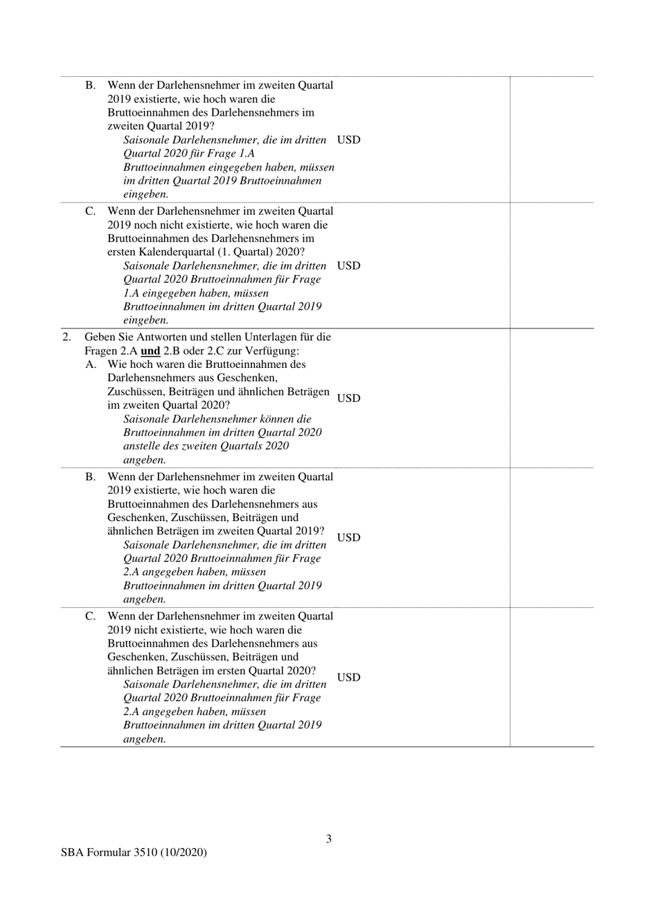 SBA Form 3510 Paycheck Protection Program Loan Necessity Questionnaire (Non-profit Borrowers) (German), Page 3
