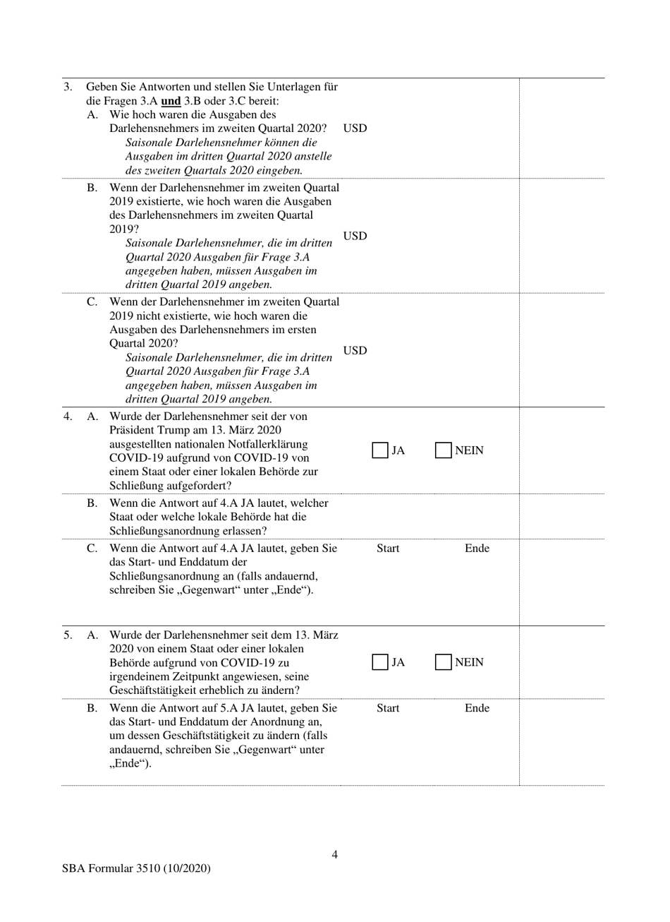 SBA Form 3510 Paycheck Protection Program Loan Necessity Questionnaire (Non-profit Borrowers) (German), Page 4