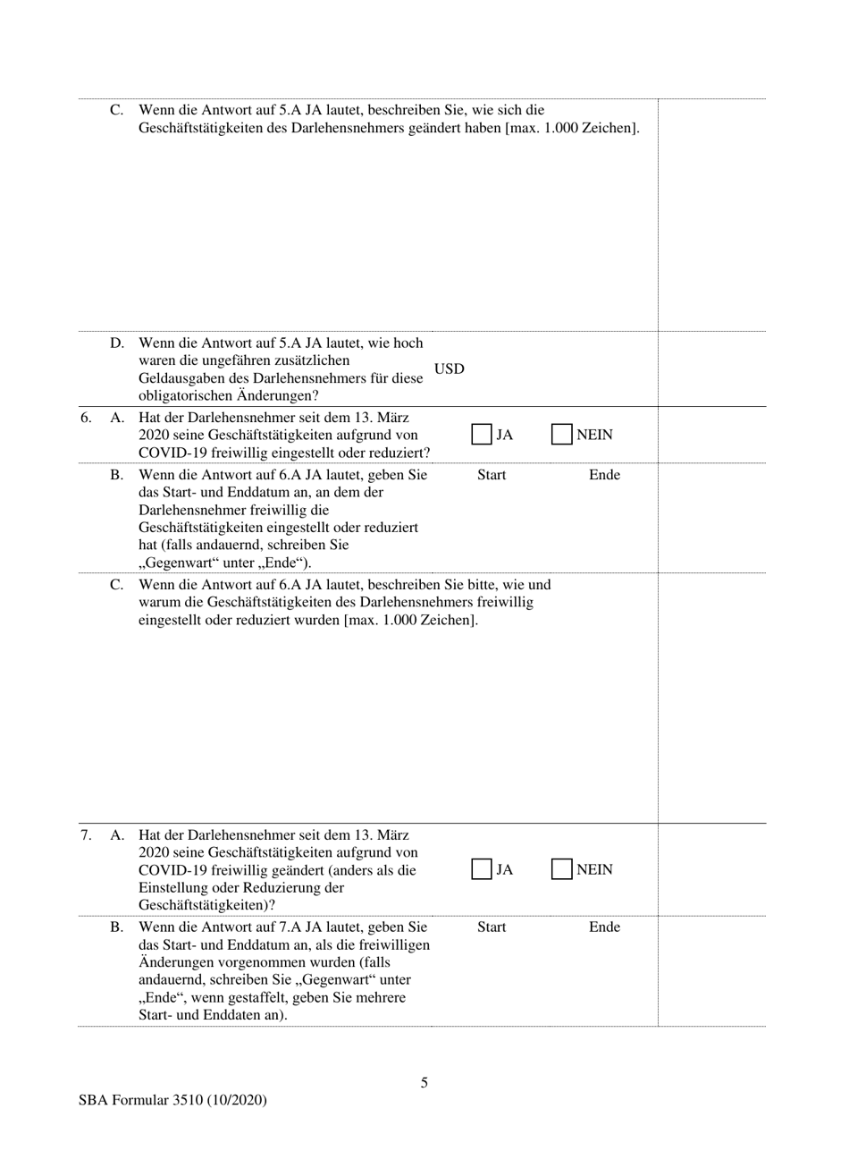 SBA Form 3510 Paycheck Protection Program Loan Necessity Questionnaire (Non-profit Borrowers) (German), Page 5