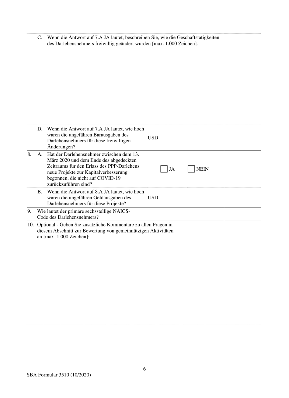 SBA Form 3510 Paycheck Protection Program Loan Necessity Questionnaire (Non-profit Borrowers) (German), Page 6