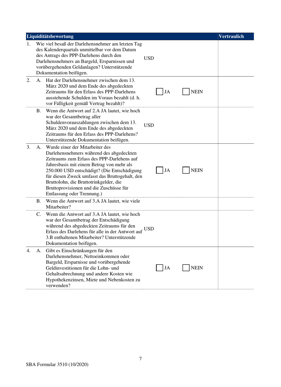 SBA Form 3510 Paycheck Protection Program Loan Necessity Questionnaire (Non-profit Borrowers) (German), Page 7