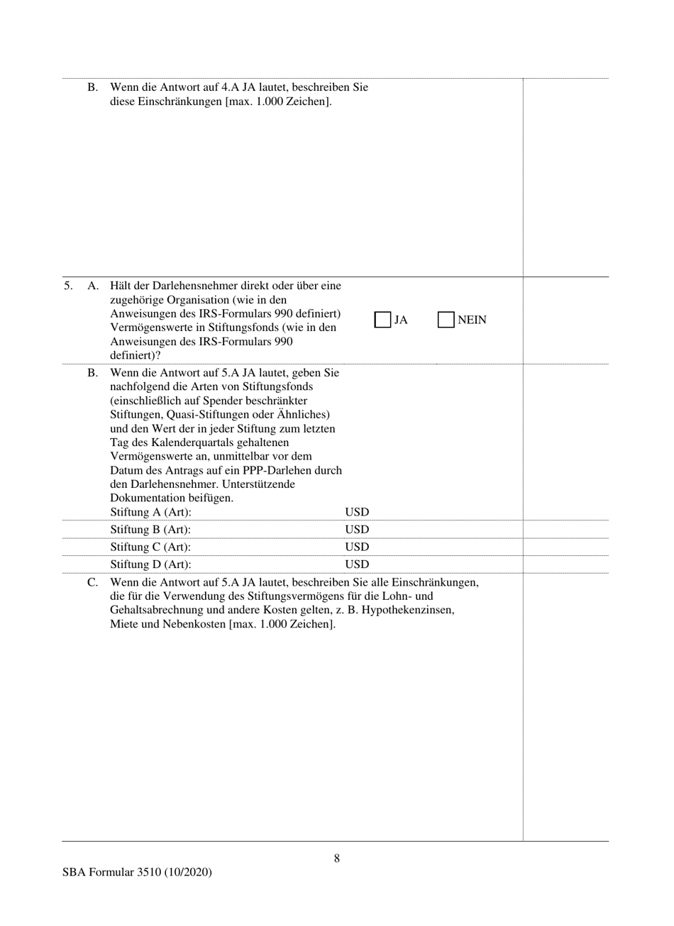 SBA Form 3510 Paycheck Protection Program Loan Necessity Questionnaire (Non-profit Borrowers) (German), Page 8