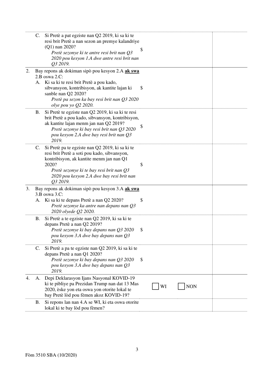 SBA Form 3510 Paycheck Protection Program Loan Necessity Questionnaire (Non-profit Borrowers) (Haitian Creole), Page 3