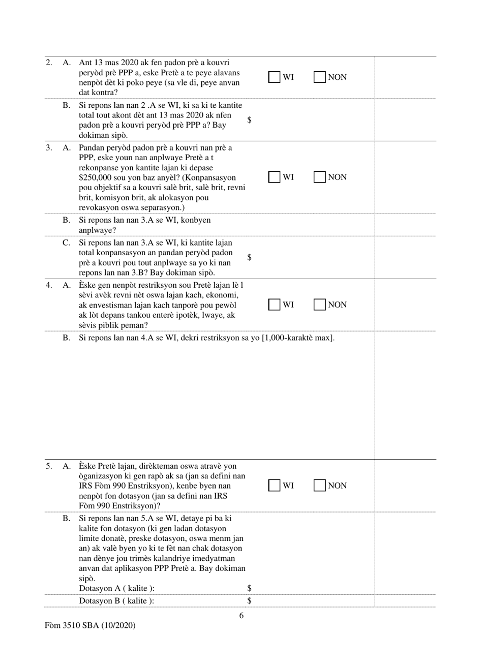 SBA Form 3510 Paycheck Protection Program Loan Necessity Questionnaire (Non-profit Borrowers) (Haitian Creole), Page 6