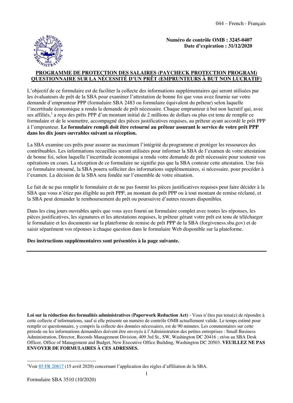 SBA Form 3510 Paycheck Protection Program Loan Necessity Questionnaire (Non-profit Borrowers) (French), Page 1