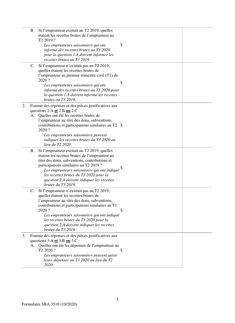 SBA Form 3510 Paycheck Protection Program Loan Necessity Questionnaire (Non-profit Borrowers) (French), Page 3