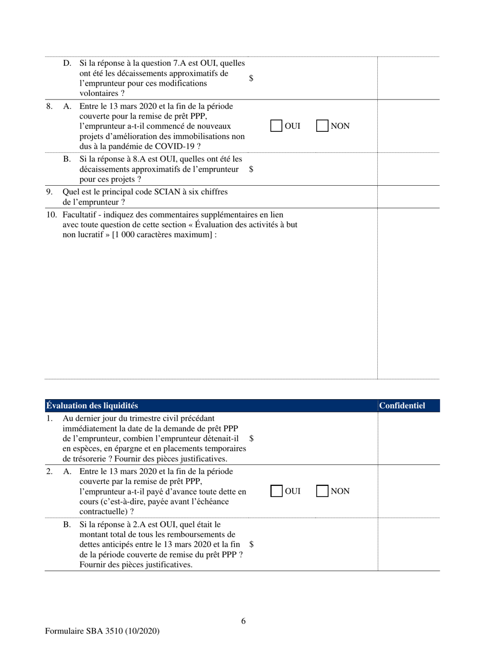 SBA Form 3510 Paycheck Protection Program Loan Necessity Questionnaire (Non-profit Borrowers) (French), Page 6