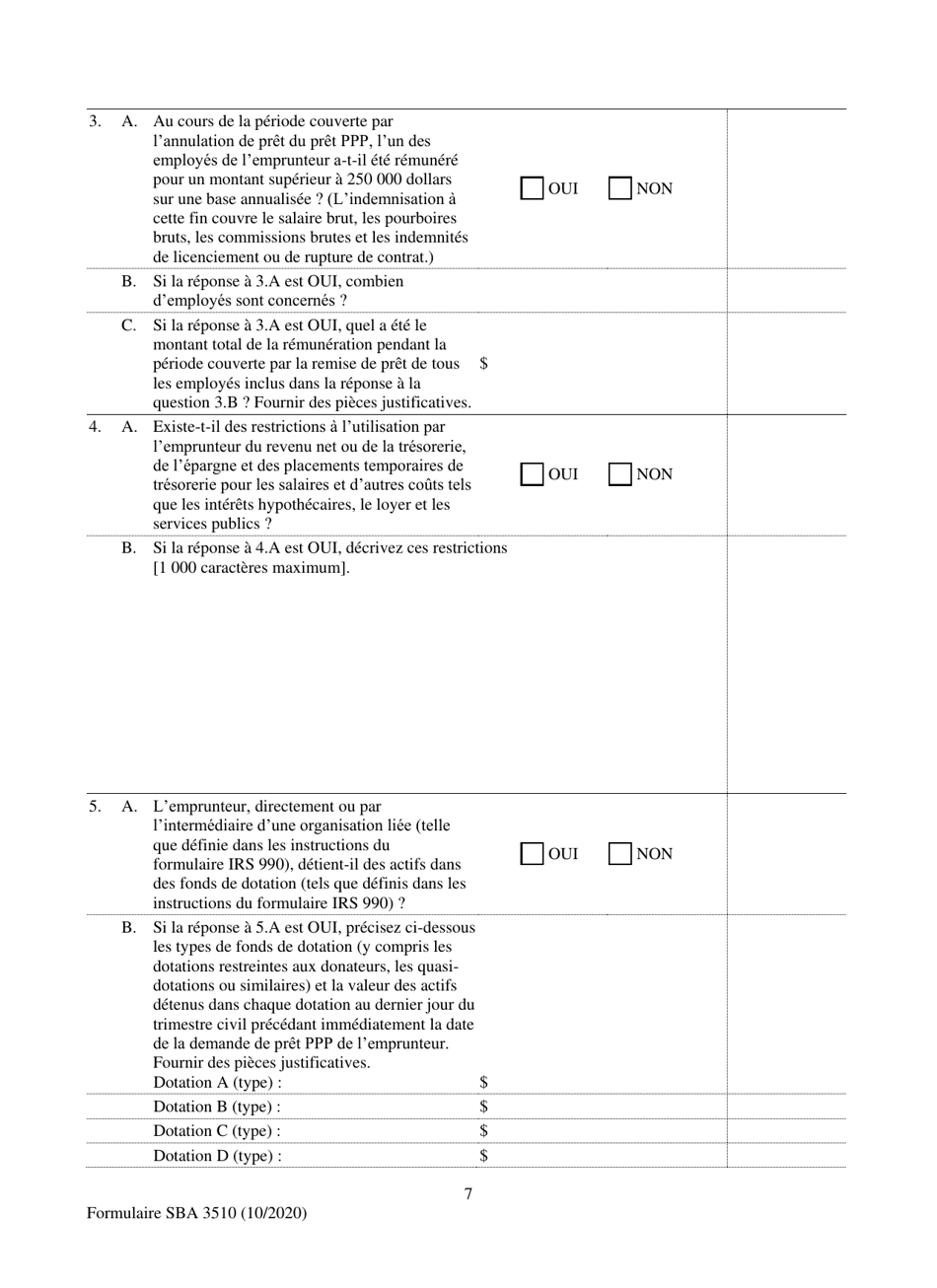 SBA Form 3510 Paycheck Protection Program Loan Necessity Questionnaire (Non-profit Borrowers) (French), Page 7