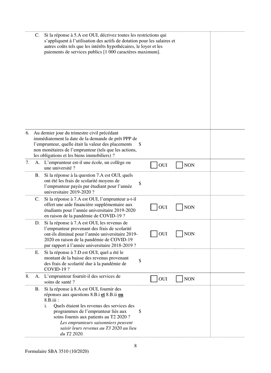 SBA Form 3510 Paycheck Protection Program Loan Necessity Questionnaire (Non-profit Borrowers) (French), Page 8