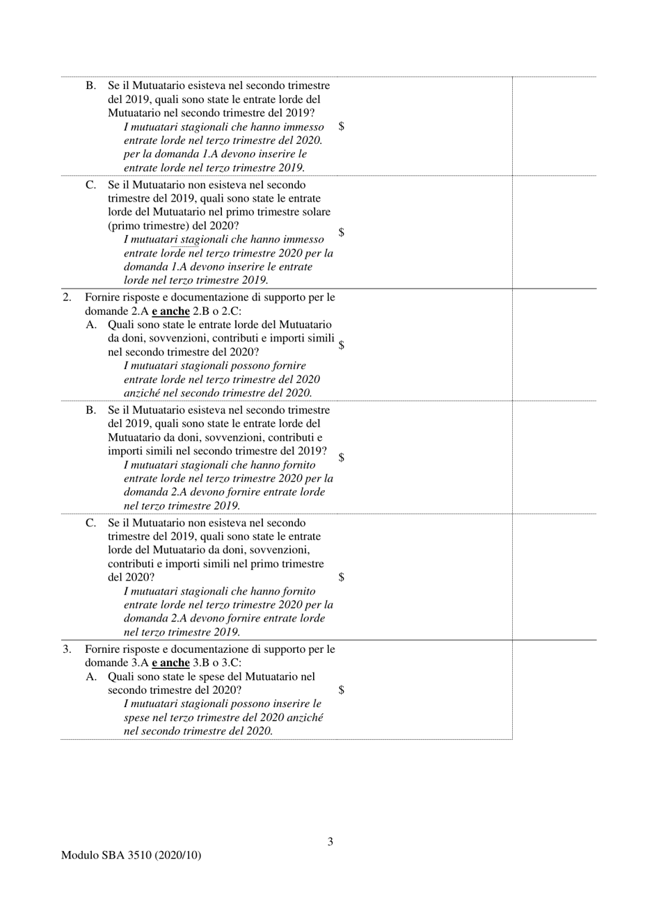 SBA Form 3510 Paycheck Protection Program Loan Necessity Questionnaire (Non-profit Borrowers) (Italian), Page 3