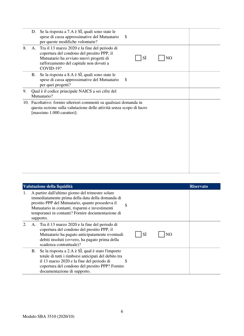 SBA Form 3510 Paycheck Protection Program Loan Necessity Questionnaire (Non-profit Borrowers) (Italian), Page 6